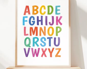 Pôster do alfabeto arco-íris, arte de parede educativa para sala de aula, sem IA (download digital)