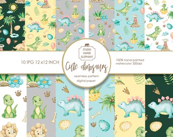 Cute Dinosaur Seamless Pattern for Kids & Nursery  Digital Paper (12x12 Inch)