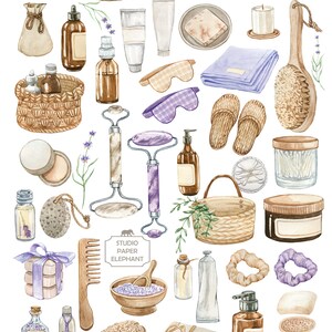 May include: A watercolour illustration of a range of spa and bath products, including soaps, lotions, bath bombs, towels, and brushes. The illustration is in a light and airy style, with a focus on natural ingredients and relaxation.