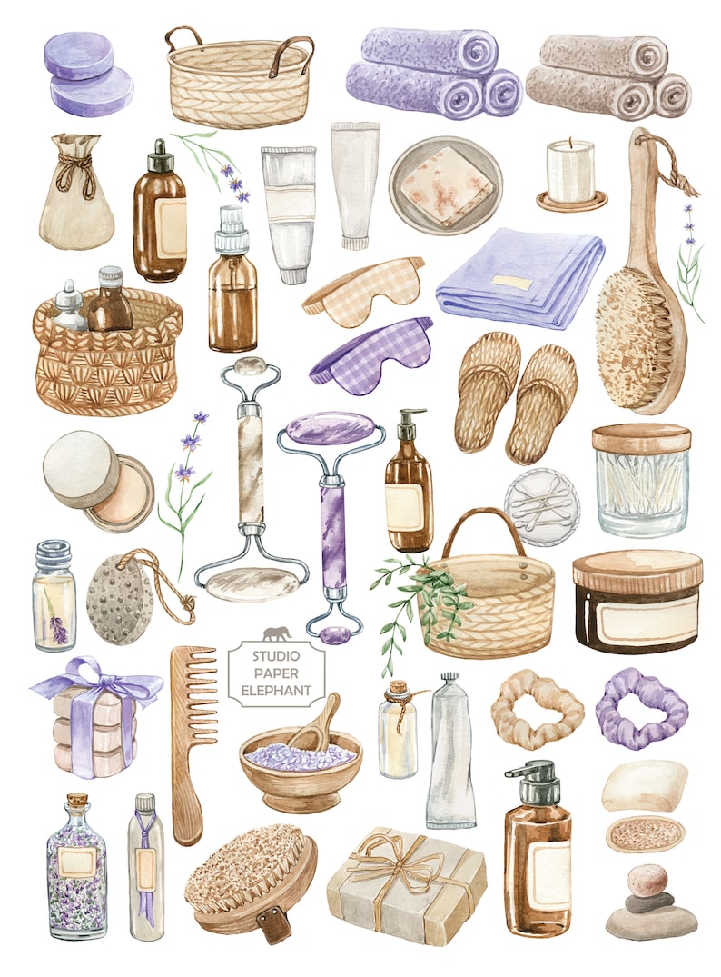 May include: A watercolour illustration of a range of spa and bath products, including soaps, lotions, bath bombs, towels, and brushes. The illustration is in a light and airy style, with a focus on natural ingredients and relaxation.