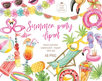 Watercolor Summer Party Clipart: Beach & Pool Designs (PNG, Digital Download)