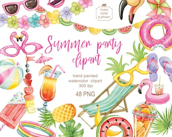 Summer Party Clipart, Pool Party Clipart, Beach Party Clipart, Summer Clipart, Watercolor Summer Party Invitation, instant download, PNG.