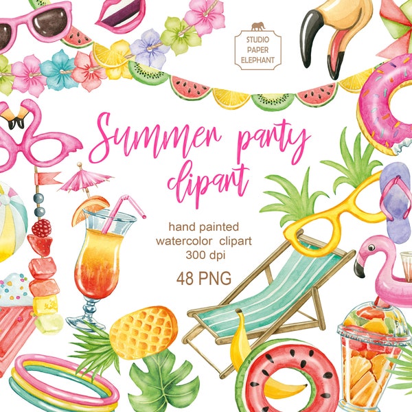 Summer Party Clipart, Pool Party Clipart, Beach Party Clipart, Summer Clipart, Watercolor Summer Party Invitation,  instant  download, PNG.