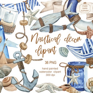 Aquarel nautisch decor Clipart, nautisch ontwerp, nautische stijl bruiloft, nautische stijl partij, scrapbooking, PNG, instant download.