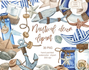 Op de afbeelding: Een set van 36 aquarel-clipart afbeeldingen met nautische thema's. De afbeeldingen omvatten een blauwe anker, een blauw-wit gestreepte zeilboot, een blauwe fles met een kurkstop, een blauw-wit gestreepte vlag, een zeester, een schelp, een touw en een reddingsboei. De afbeeldingen zijn perfect voor het maken van uitnodigingen, kaarten, scrapbookpagina's en andere knutselprojecten.