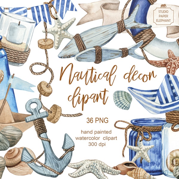 Watercolor Nautical Decor Clipart, Nautical Design, Nautical Style Wedding, Nautical Style Party,  Scrapbooking, PNG, instant download.