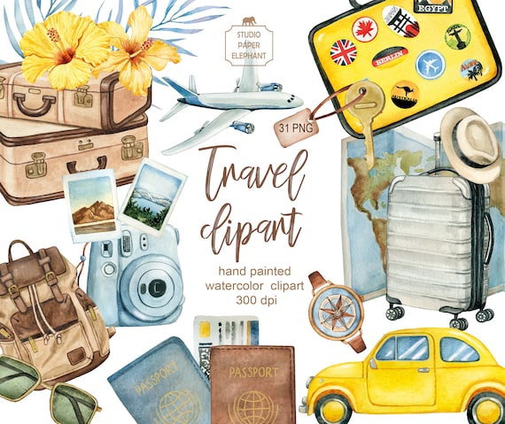 Watercolor Travel Clipart: Adventure, Vacation, Tourism (PNG)