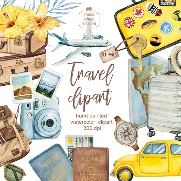 Travel watercolor clipart, Adventure clipart, Vacation, Tourism, Summer Holiday, Suitcases, Airplane, Car,  instant download, PNG.