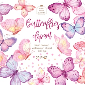 Watercolor butterflies clipart, Pink butterflies, Pink-red butterflies, Pink-lilac butterflies, Pink-yellow butterflies, PNG.