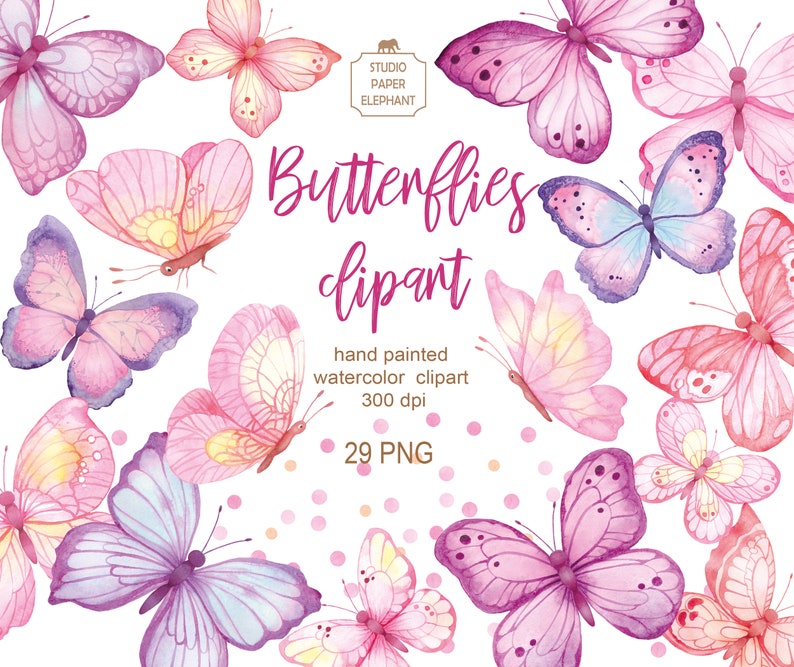 May include: A set of 29 watercolor butterfly illustrations in pink, purple, and blue tones. The butterflies are hand-painted and perfect for digital scrapbooking, invitations, and other creative projects.  Butterflies clipart.