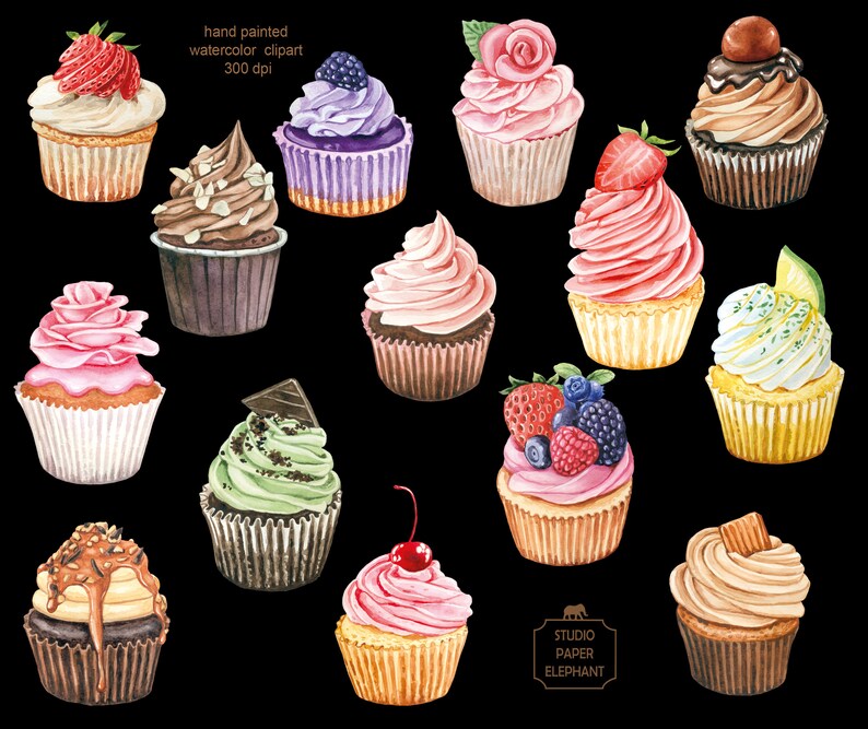 Watercolor Cupcakes Clipart: Wedding, Birthday (PNG, Instant Download ...