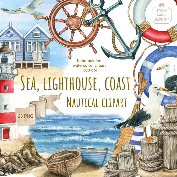 Watercolor Nautical clipart, Beach clipart, Marine clipart, Sea, lighthouse, shore, seagulls, anchor, boats, instant download, PNG.