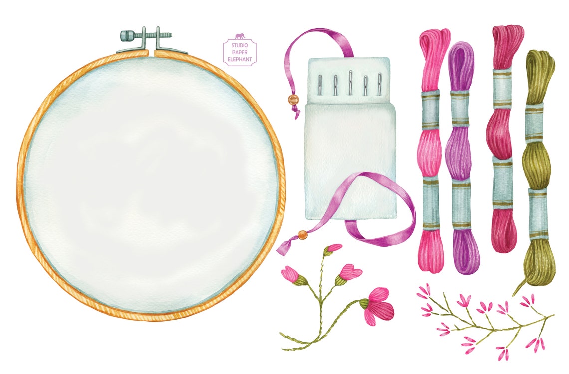 Watercolor Embroidery clipart. Round embroidery hoop Etsy