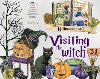 Watercolor Halloween Clipart: Witch, Cat, Pumpkins (PNG, Instant Download)