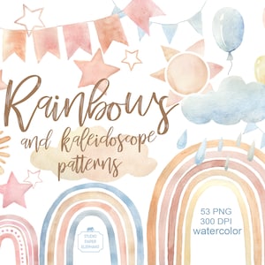 Clipart de arcoíris de acuarela, patrones de caleidoscopio, clipart de baby shower, arcoíris boho, arcoíris pastel para bebés, descarga instantánea, PNG