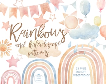 Aquarell Regenbogen Clipart, Kaleidoskop Muster, Baby-Dusche-Clipart, Boho Regenbogen, Baby Pastell Regenbögen, sofortiger Download, PNG