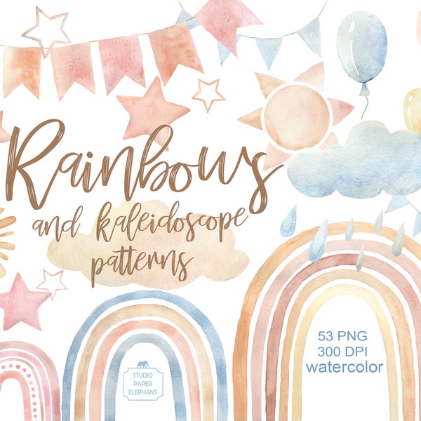 Aquarell Regenbogen Clipart, Kaleidoskop Muster, Baby-Dusche-Clipart, Boho Regenbogen, Baby Pastell Regenbögen, sofortiger Download, PNG