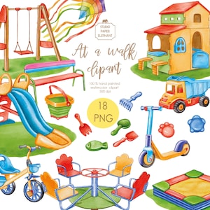 May include: A collection of hand-painted watercolor clipart featuring playground elements and toys. Includes a swing set, slide, sandbox, seesaw, scooter, and more. The text "At a walk clipart" is visible. The set includes 18 PNG files.