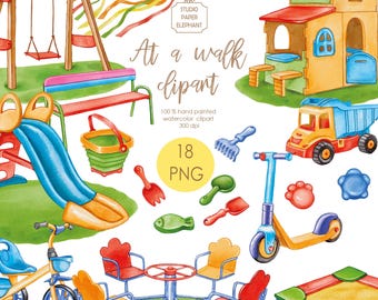 Watercolor Playground clip art,  swing, sandbox, carousel, playhouse, scooter, bicycle, digital download (PNG)