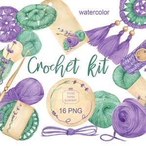 Aquarell Stricken, Häkeln Kit Clipart. Garn, Strickgarn, Häkelnadel, gestrickte Elemente, Anhänger, Lavendel - sofortiger digitaler Download