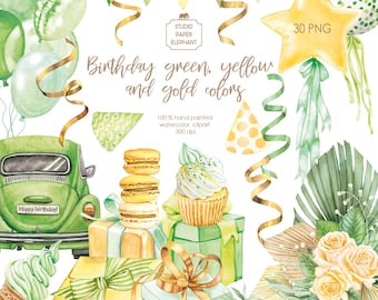 Watercolor Birthday Clipart: Green, Yellow, Gold (PNG, Digital Download)