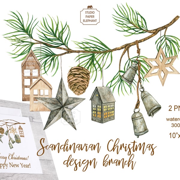 Watercolor Scandinavian Christmas branch, Christmas wreath, Christmas laconic design, Farmhouse Christmas decor, Galvanized decor, PNG.