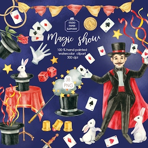 Trucos de acuarela Clipart Espectáculo de magia Clipart Trucos de cartas Ilusiones PNG Descarga instantánea