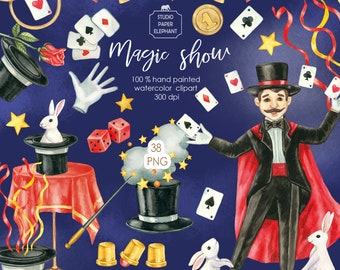 Aquarell Magie Show Clipart: Kartentricks, Illusionen (PNG, Instant Download)
