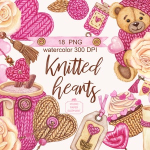 Aquarell romantisches Clipart, Valentinstag Clipart, gestrickter Bär, Tasse Kakao, Herz, Kerze, Cupcake, Lollipop, sofort download, PNG.