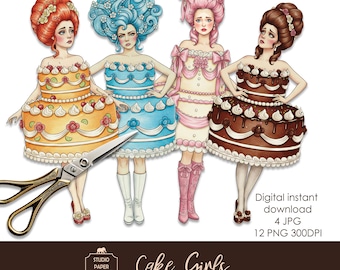 Verspielte Kuchenmädchen – 12 ausdruckbare Papierpuppen, Geburtstagskuchen-Damen, Junk-Journal-Materialien
