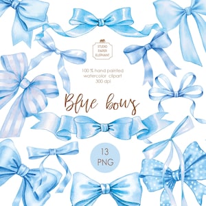 Może przedstawiać: Zestaw 13 akwarelowych ilustracji niebieskich kokardek w różnych stylach, w tym w paski, w kropki i jednokolorowych. Ilustracje idealnie nadają się do dodania odrobiny elegancji do każdego projektu.
