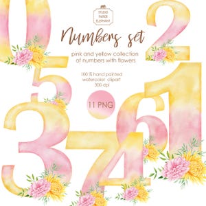 Colección de números en acuarela rosa y amarillo con flores, clipart, números amarillos y rosas, números de feliz cumpleaños, PNG, bricolaje