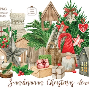 Acquerello Decorazioni natalizie scandinave, Clipart natalizie, Decorazioni natalizie in fattoria, Clipart natalizia nordica, PNG, download istantaneo.