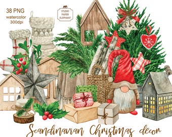 Watercolor Scandinavian Christmas decor, Christmas clipart, Farmhouse Christmas decor, Nordic Christmas clipart, PNG, instant download.