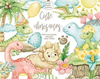Watercolor Dinosaurs Clipart, Birthday Party PNG Graphics (Instant Download)