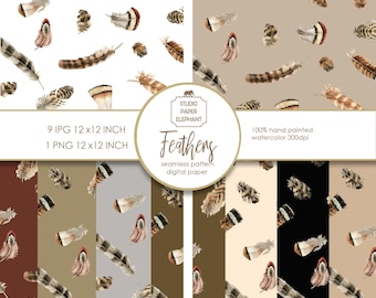 Watercolor Feathers Seamless Pattern Digital Paper (12x12 Inch)