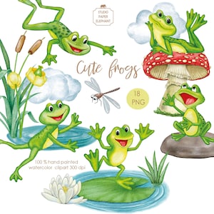 Aquarell süße Frösche Clipart, grüne Frösche Clipart für Kinder, PNG, sofortiger Download