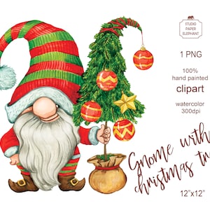 クリスマス ツリーと水彩のノーム、クリスマス ノームのクリップアート、印刷可能な昇華、PNG、即時ダウンロード。