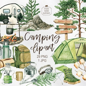 Clipart de acampamento em aquarela, acampamento em família, aventura em família, férias em família, veículo recreativo, barraca, mochila de turista, floresta, PNG.