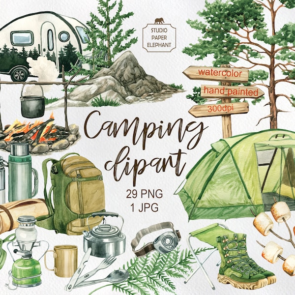 Watercolor camping clipart, family camping, family adventure, family vacation, recreational venicle, tent, tourist backpack, forest, PNG.