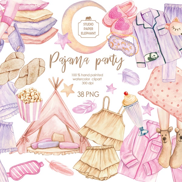 Watercolor Pajama Party, Slumber Party Clipart, Pajama Clipart, Slippers, Sleeping mask, Moon, Stars, Pillows, Girls in Slippers, PNG.