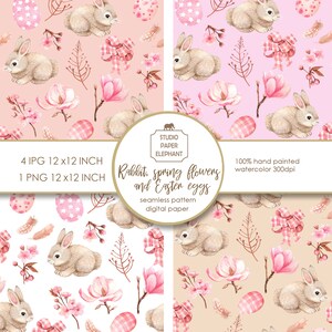Frühlingsmuster mit Hase und rosa Blumen Digitales Papier Scrapbookpapier Digitaler Stoff JPG PNG