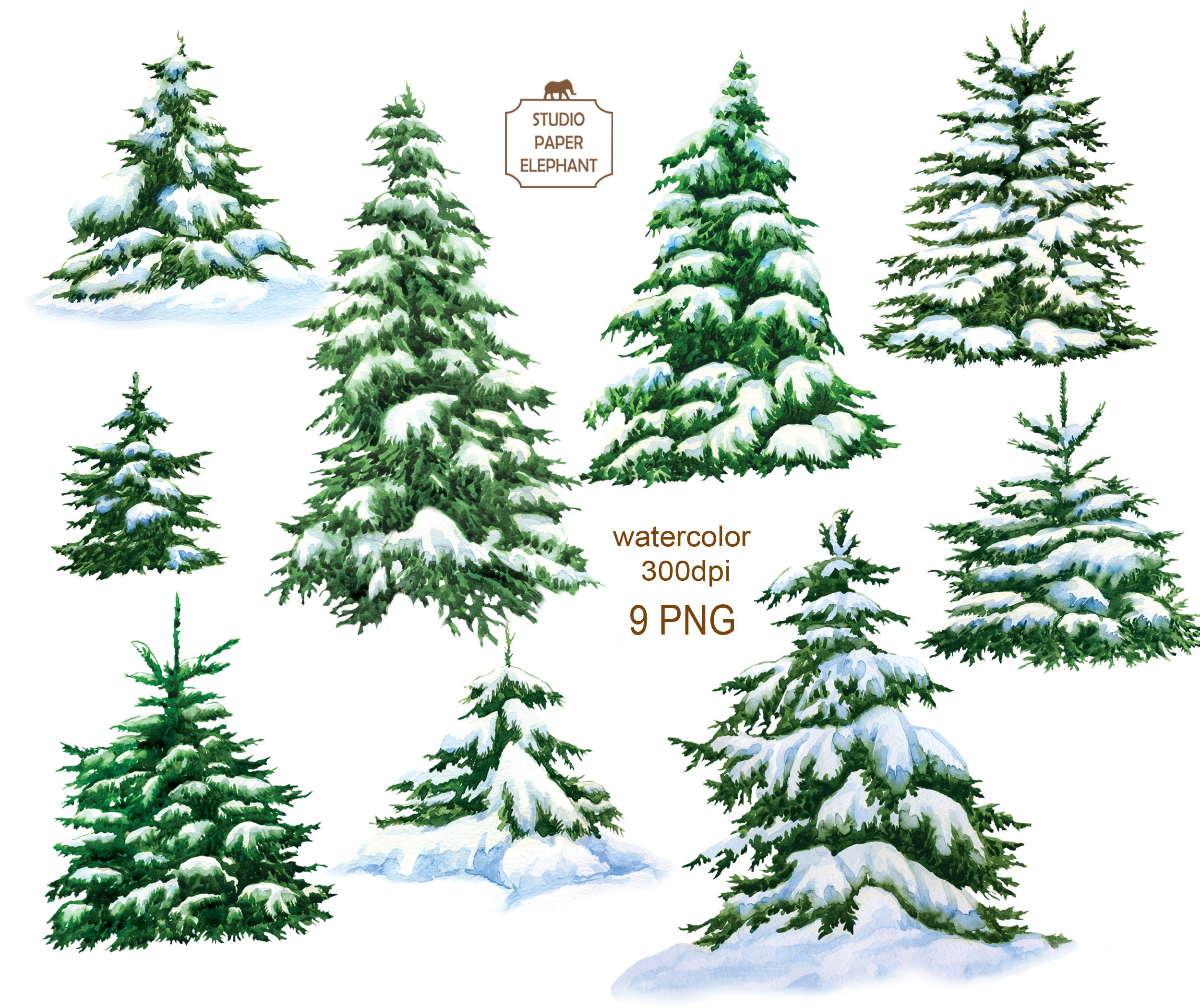 Watercolor Snow Covered Pine Trees Christmas Trees Winter Etsy