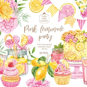 Clipart de festa de limonada rosa em aquarela, aniversário de limonada rosa, festa de verão, festa rosa e amarela, PNG, download instantâneo.