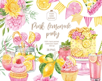 Aquarel roze limonadefeest clipart: zomer verjaardag (PNG, Instant Download)