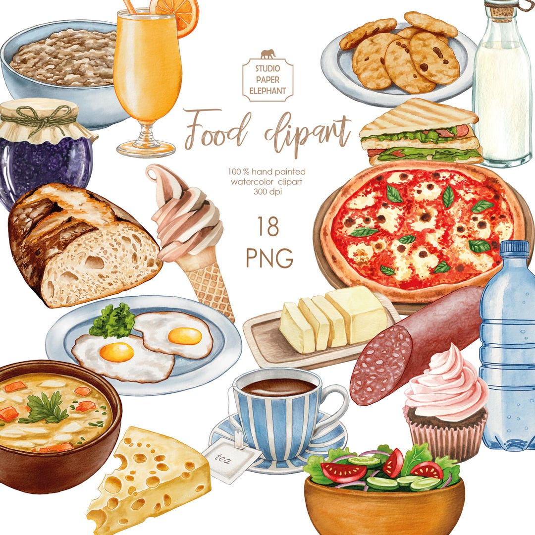 Watercolor Food Clip Art Set, Basic Daily Food, Digital Download (PNG ...