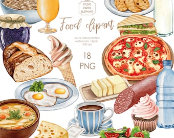 Watercolor Food Clip Art Set, Basic Daily Food, digital download (PNG)