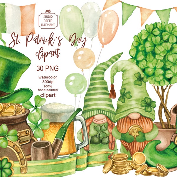 Watercolor St. Patrick's Day decor, gnomes, shamrock, pot of coins, green hat, overlay green scarf, beer mug, PNG, instant download.