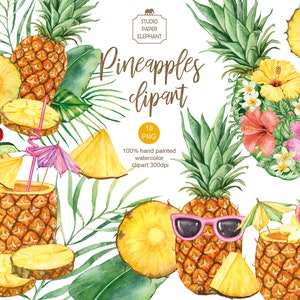 Clipart ananas acquerello, clipart estate tropicale, clipart cocktail tropicali, clipart Hawaii, PNG, download istantaneo