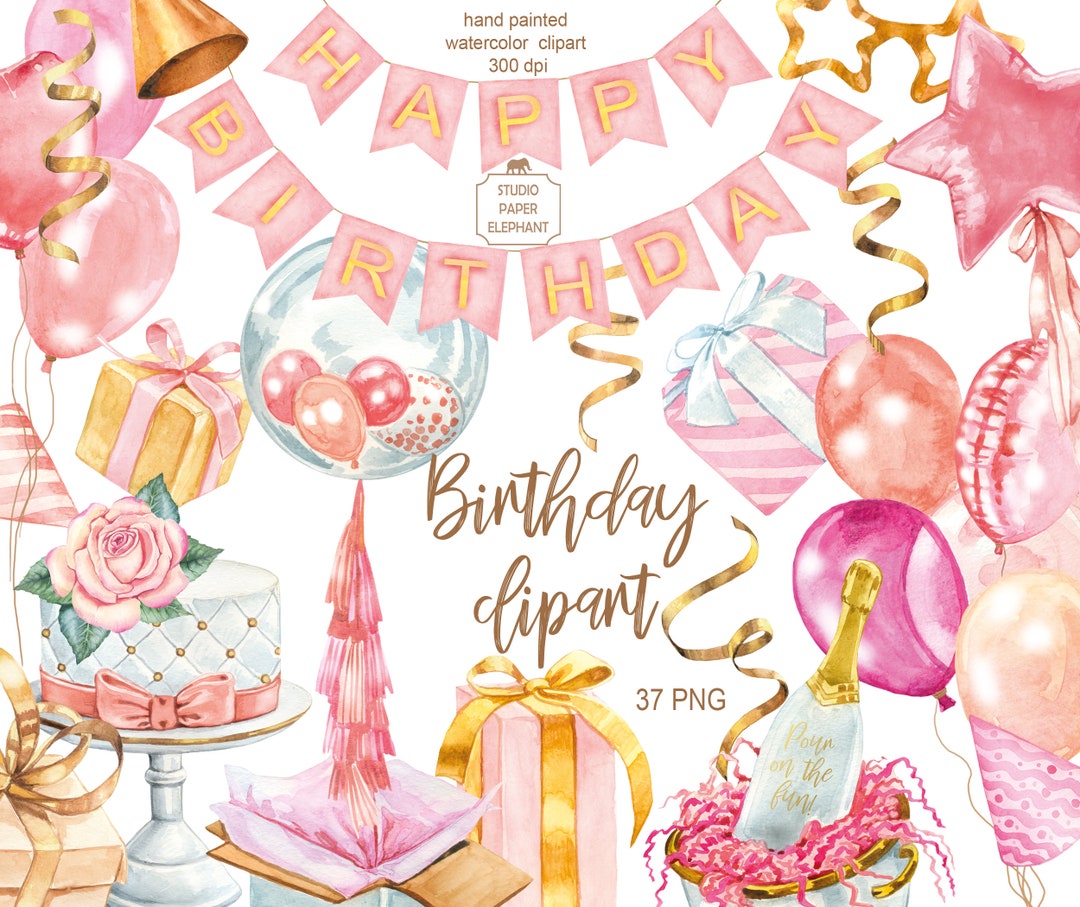 Watercolor Birthday Clipart: Party Decorations, Balloons (PNG, Instant ...